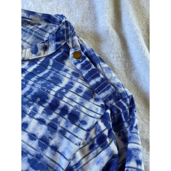 C. D. DANIELS Top 2X Casual Blue Stretch Roll Tab Abstract Striped Button - Picture 9 of 16